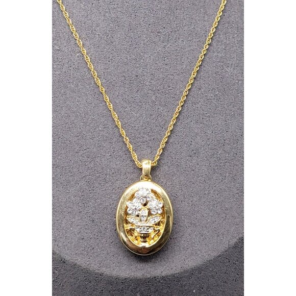 14kgp Crystal Double Locket Pendant Necklace Floral Vase Design Gold Plated 18" - Picture 2 of 12